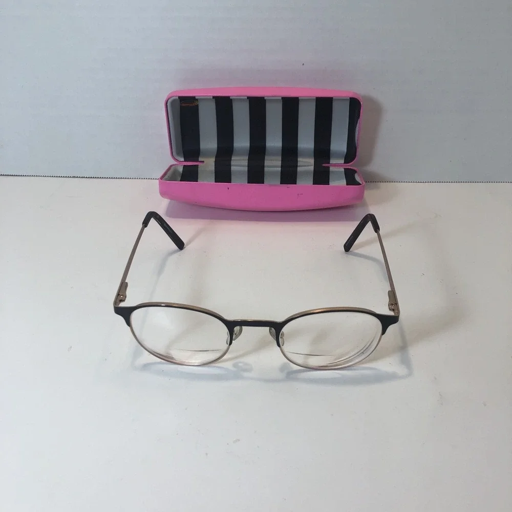 Black and Gold Oval Eyeglass Frames with Pink Hard Case Vintage Style